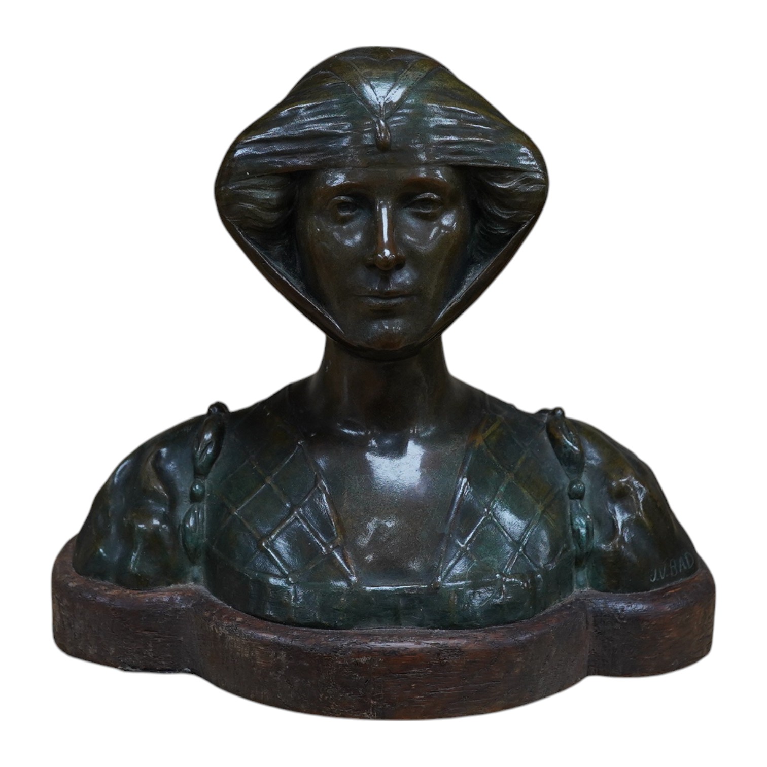 A Renaissance revival bronze bust of a lady, raised on shaped wooden base, signed J. V. Badin, 19.5cm high. Condition - good